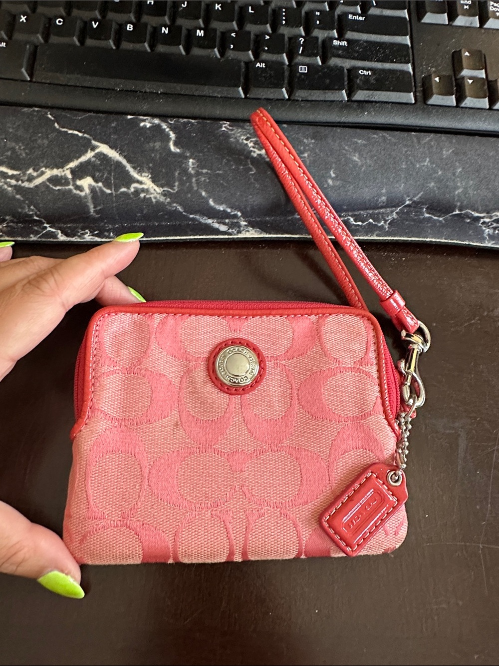 Coach Pink Signature Wristlet with Leather Trim